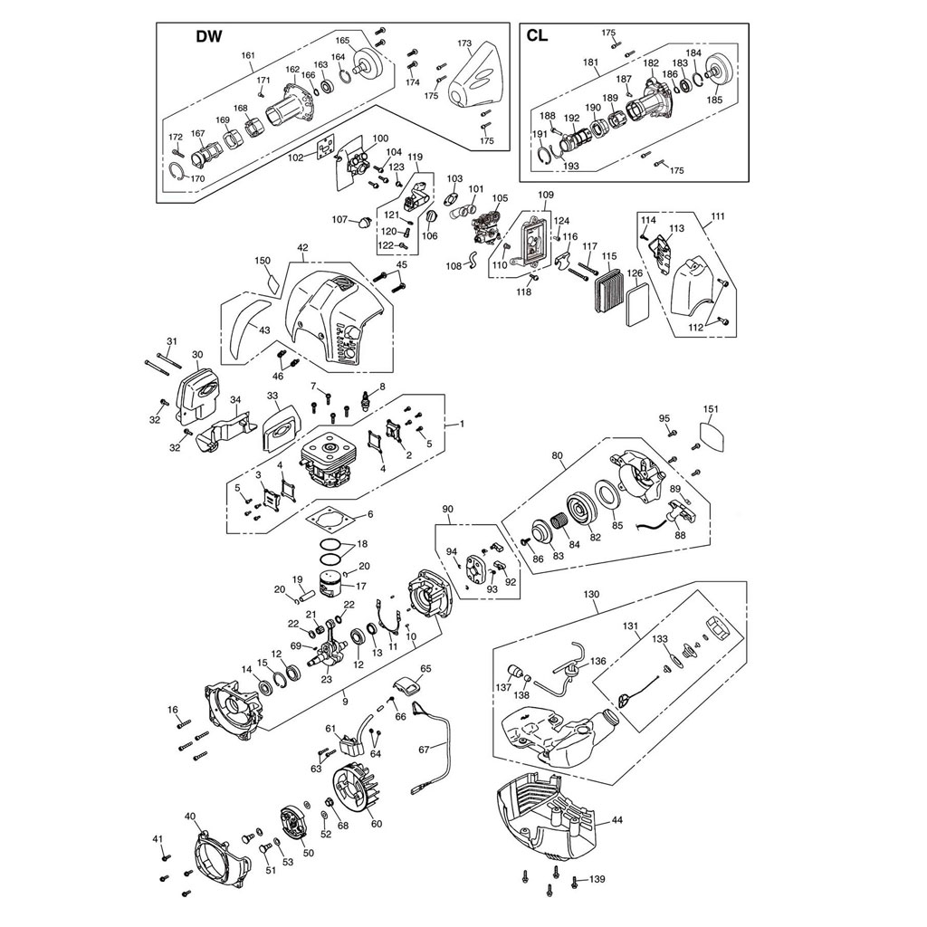 Lanceur / Allumage / Embrayage / Carburateur / Filtre à air / Réservoir / Carter moteur