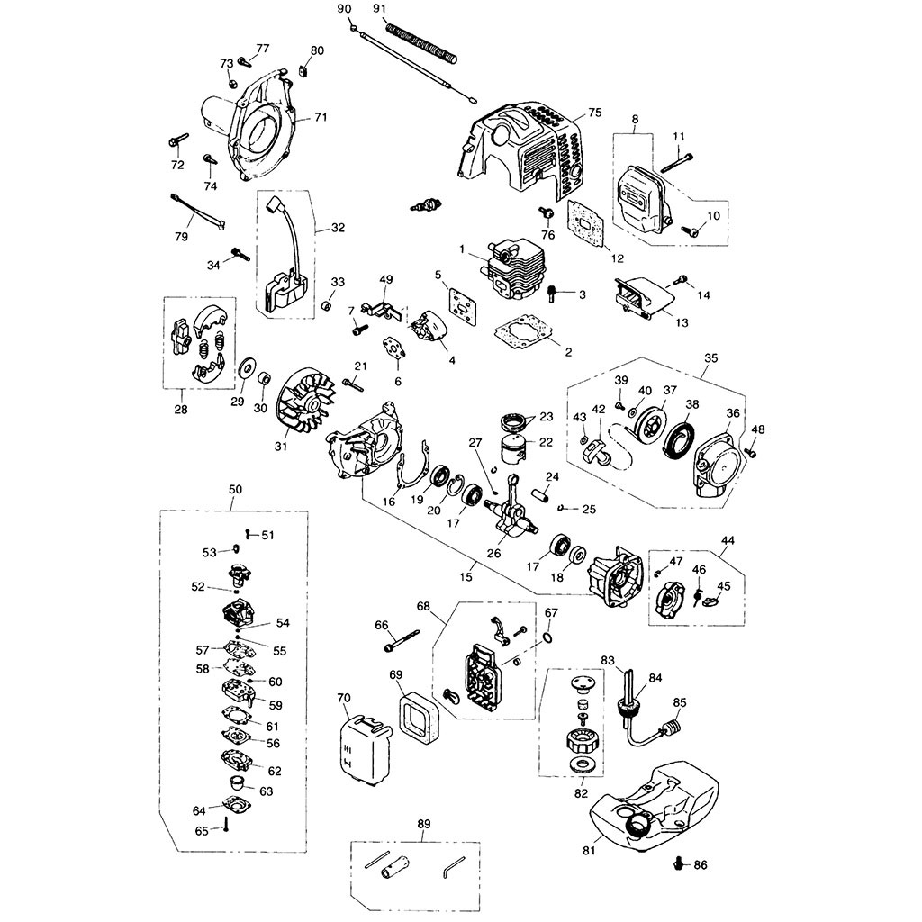 Lanceur / Allumage / Embrayage / Carburateur / Filtre à air / Réservoir / Carter moteur / Cylindre piston / Silencieux	  1133_Moteur.jpg