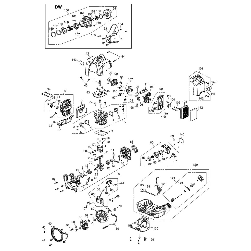Lanceur / Allumage / Embrayage / Carburateur / Filtre à air / Réservoir / Carter moteur