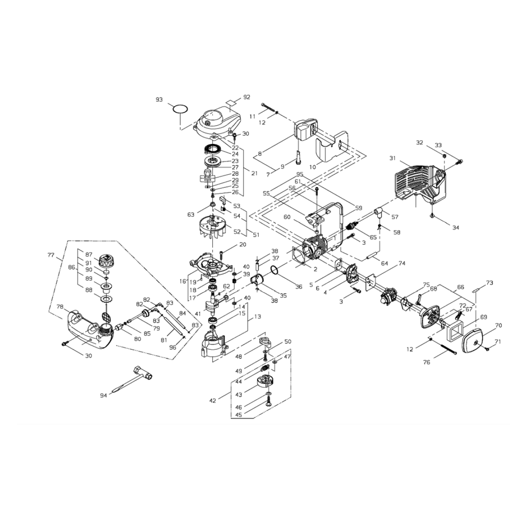 Carter moteur / Silencieux / Réservoir / Filtre à air / Piston cylindre / Lanceur / VIllebrequin