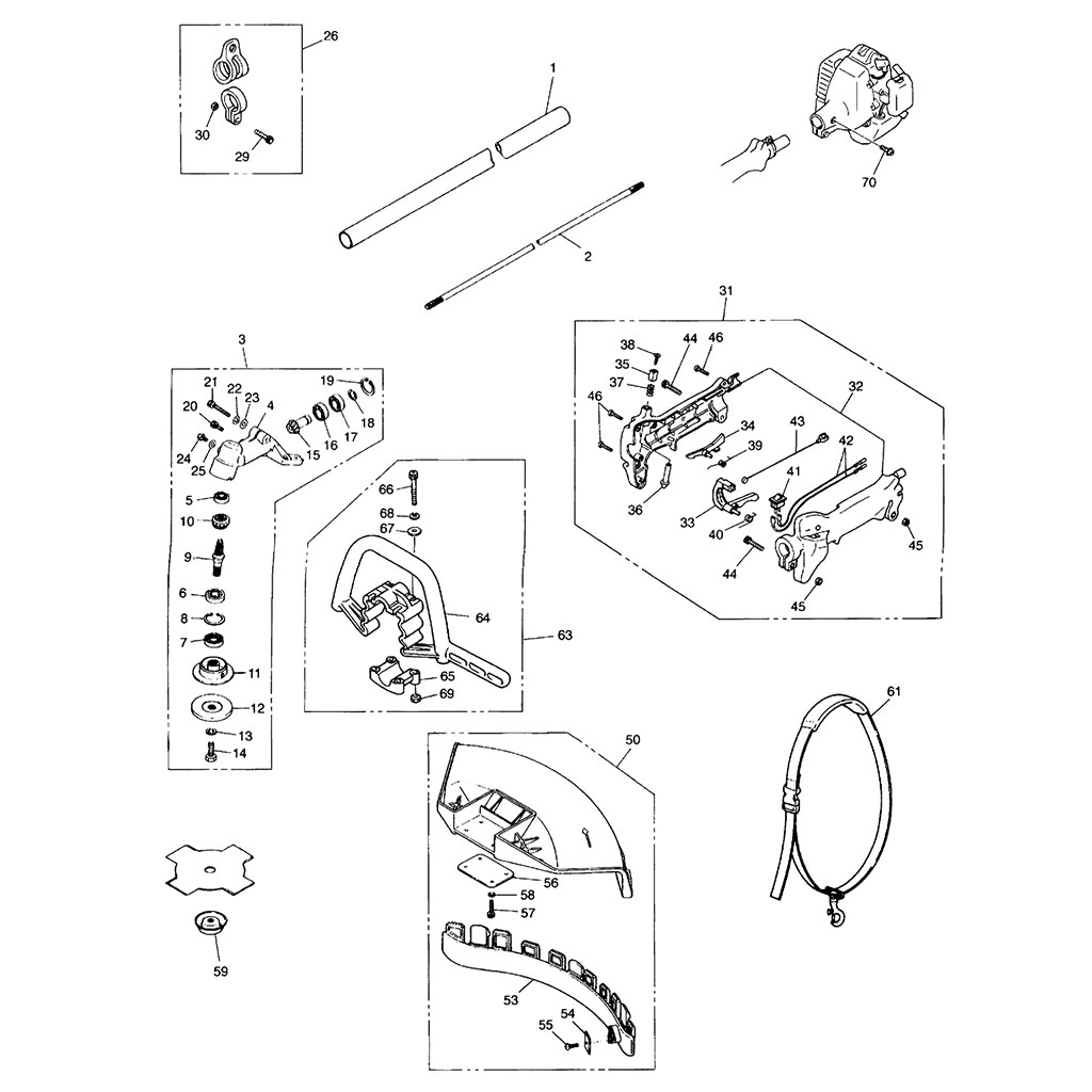  Manette de gaz / Renvoi d'angle / Tête nylon / Déflecteur / Canne / Poignée	