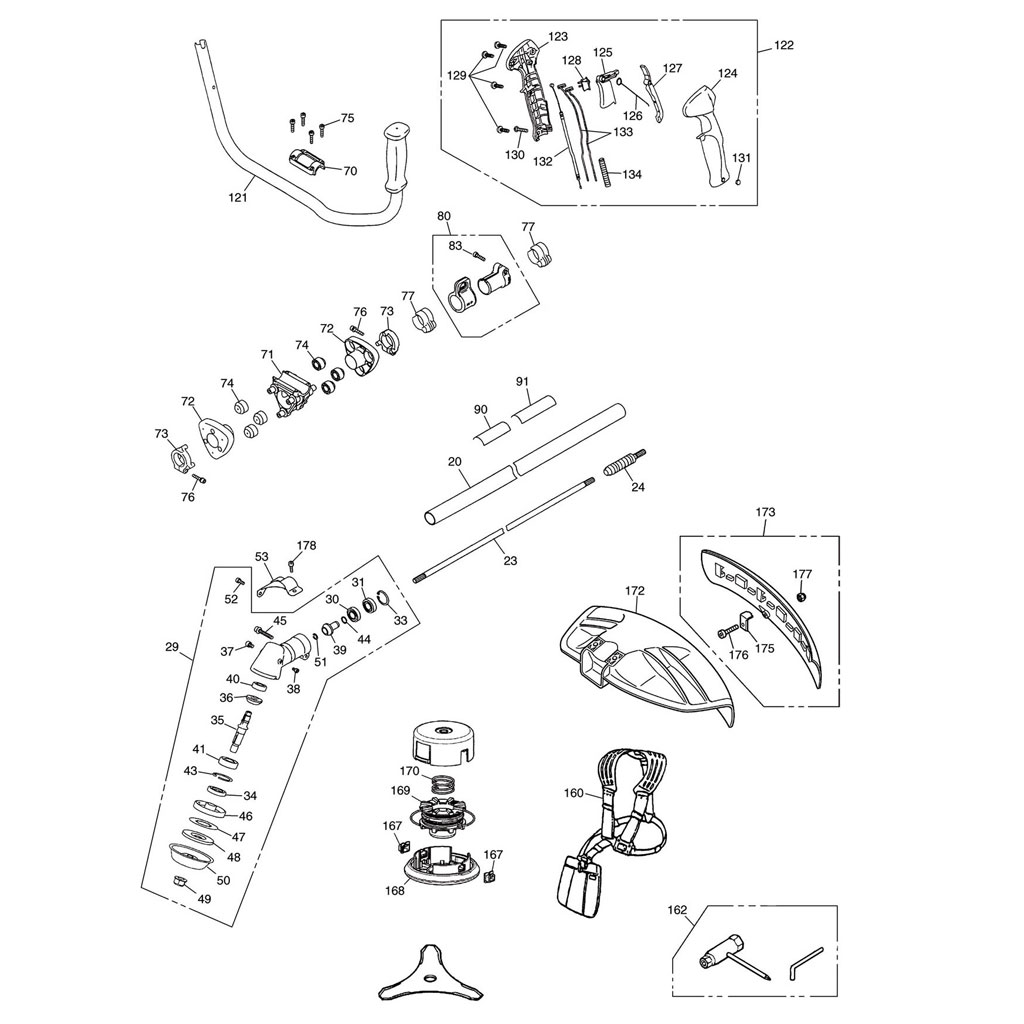 Manette de gaz / Renvoi d'angle / Tête nylon / Déflecteur / Accessoires