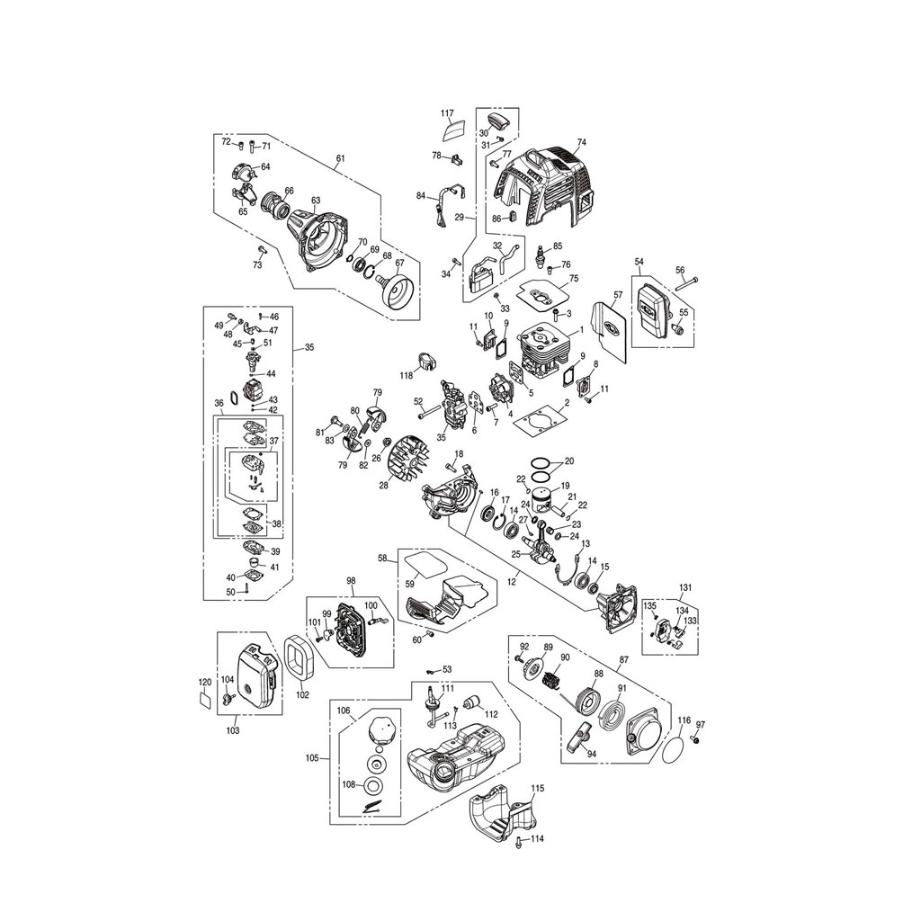 Lanceur / Allumage / Embrayage / Carburateur / Filtre à air / Réservoir / Carter moteur