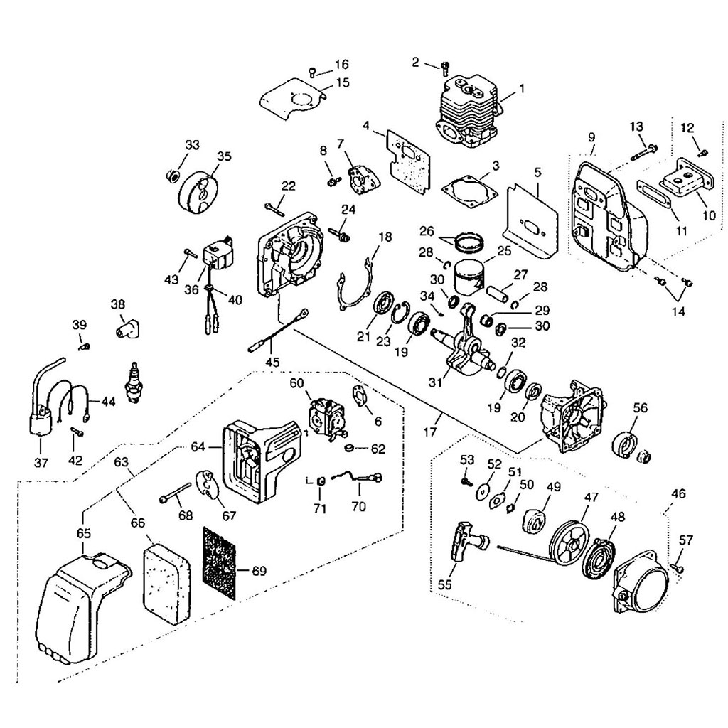 Cylindre piston / Vilebrequin / Carter moteur / Carburateur / Filtre à air / Embrayage / Lanceur / Allumage 	