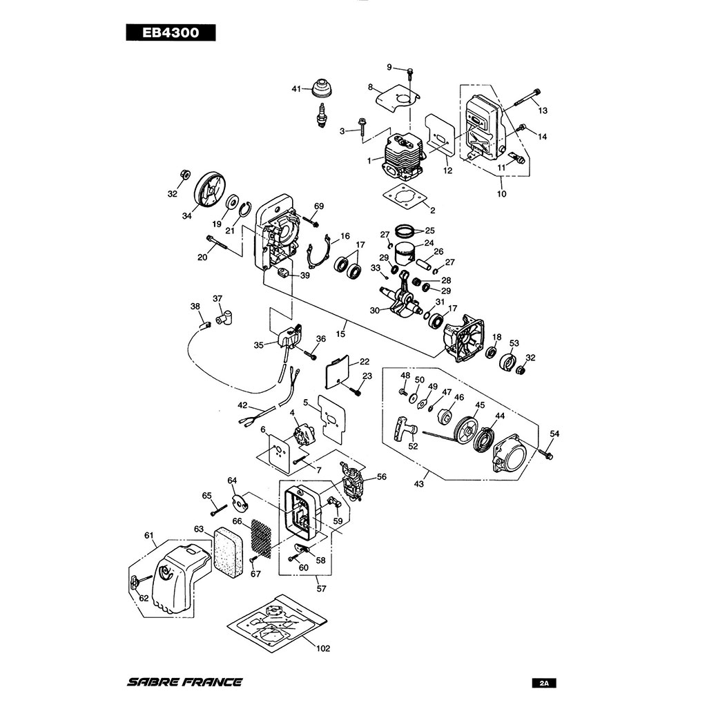 Cylindre piston / Vilebrequin / Carter moteur / Carburateur / Filtre à air / Embrayage / Lanceur / Allumage 	